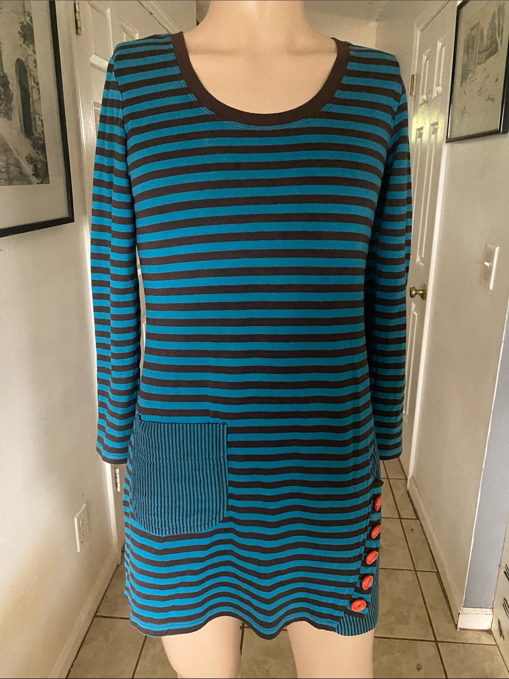 Uncle Frank Teal and Brown Striped Long Sleeve Pocket Dress